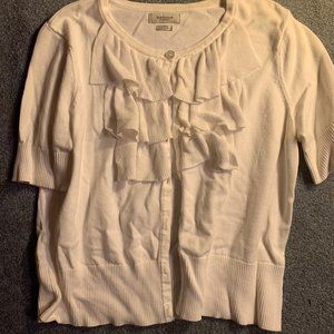 White short sleeve cardigan with front ruffles
